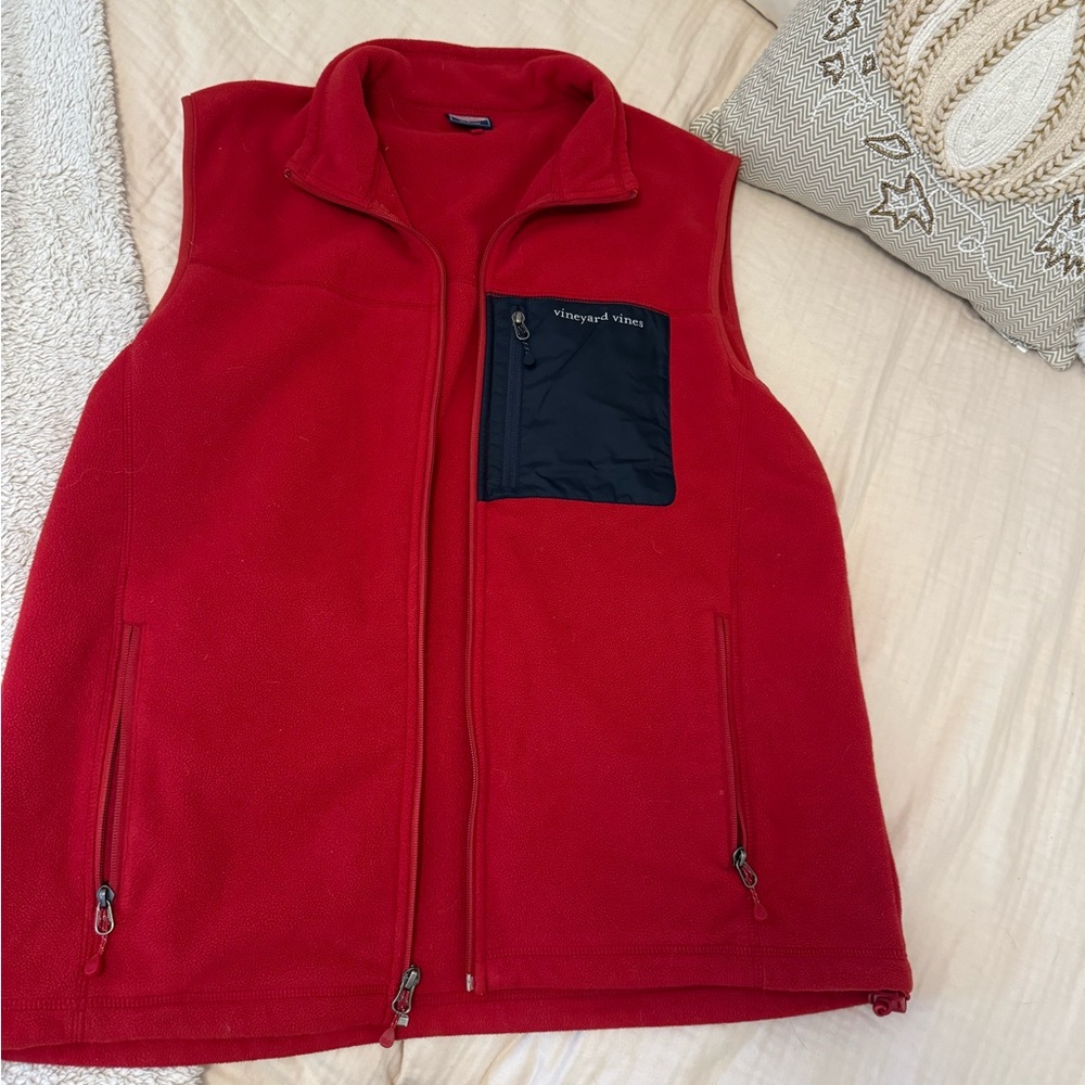 Mens Vineyard Vines Full Zip Fleece Vest Logo Pocket Red Blue. Size Large